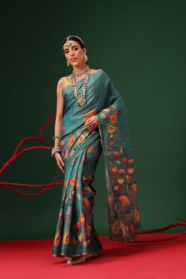 Turquoise Floral Printed Cotton Silk Saree