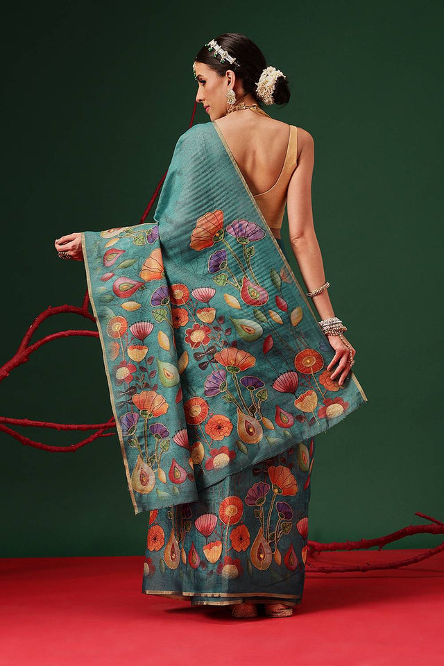Turquoise Floral Printed Cotton Silk Saree