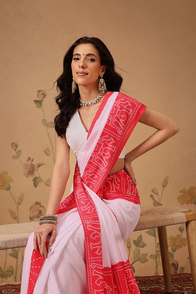 White Bandhani Printed Georgette Saree