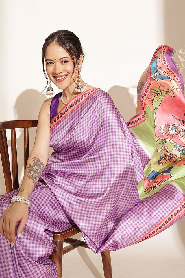 Lavender Checkered Printed Silk Saree (SZ-DGGIA-LV-3220)