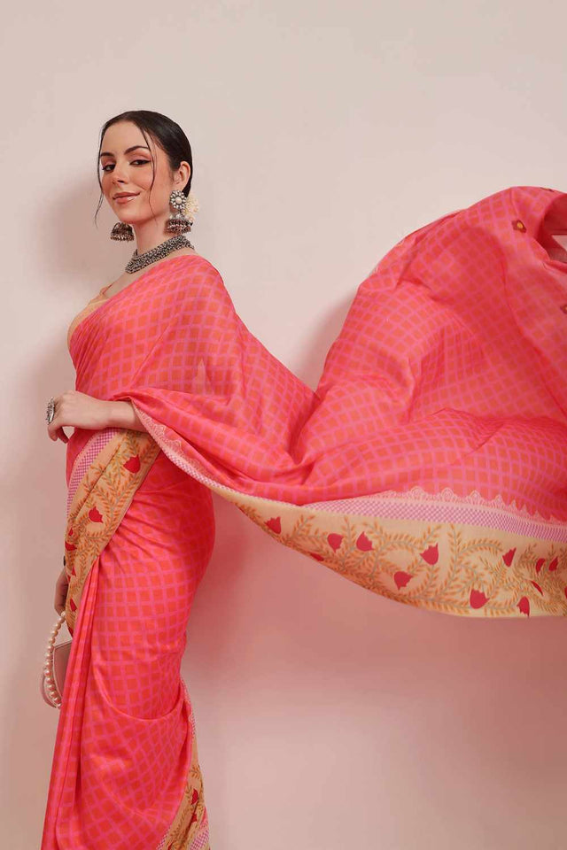 Red Abstract Printed Cotton Saree