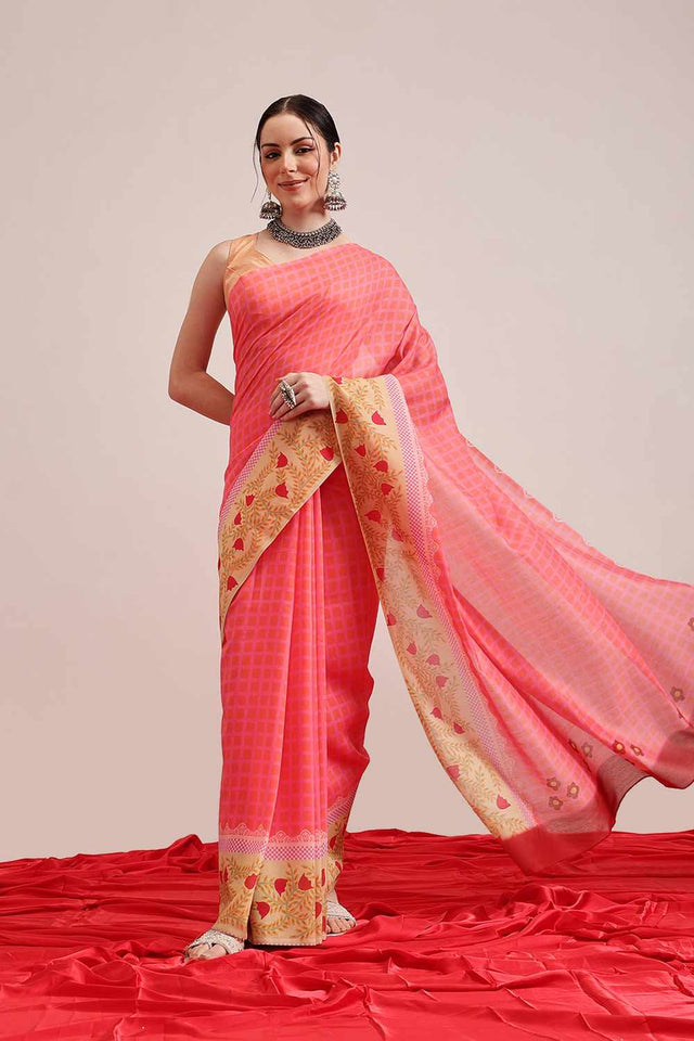 Red Abstract Printed Cotton Saree
