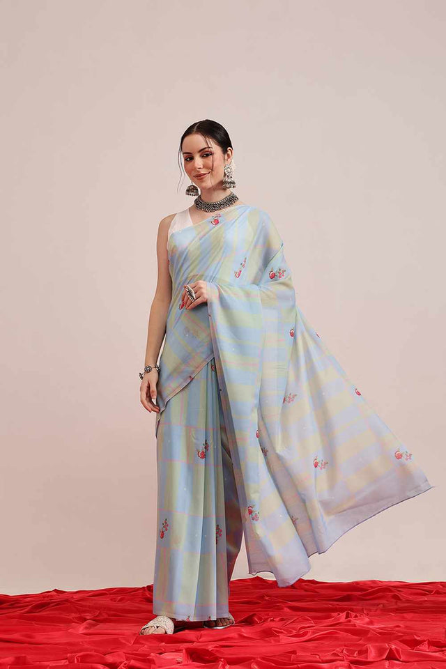 Turquoise Abstract Printed Cotton Saree