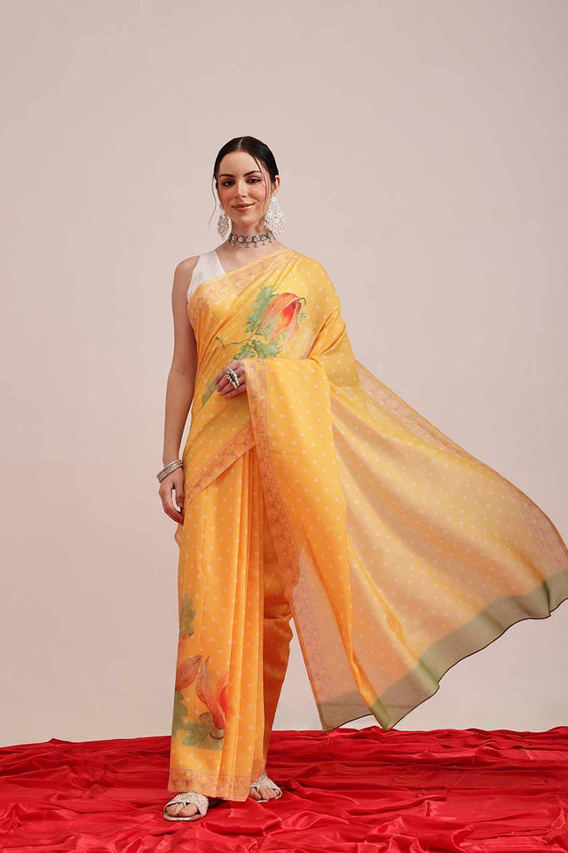 Yellow Printed Cotton Saree