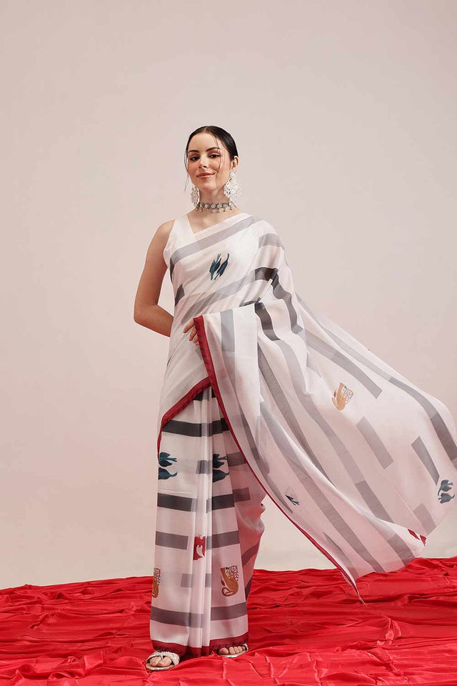 White Digital Printed Cotton Saree