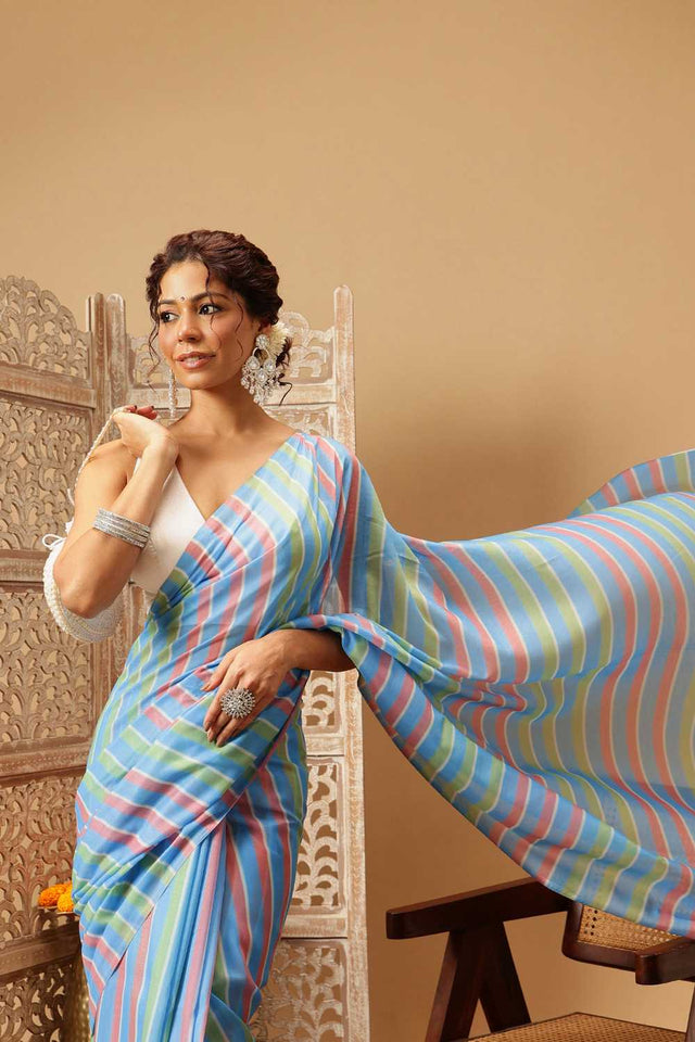 Blue Leheriya Printed Malmal Cotton Saree