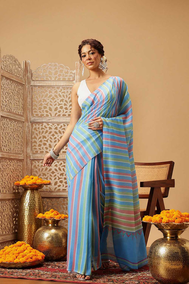 Blue Leheriya Printed Malmal Cotton Saree