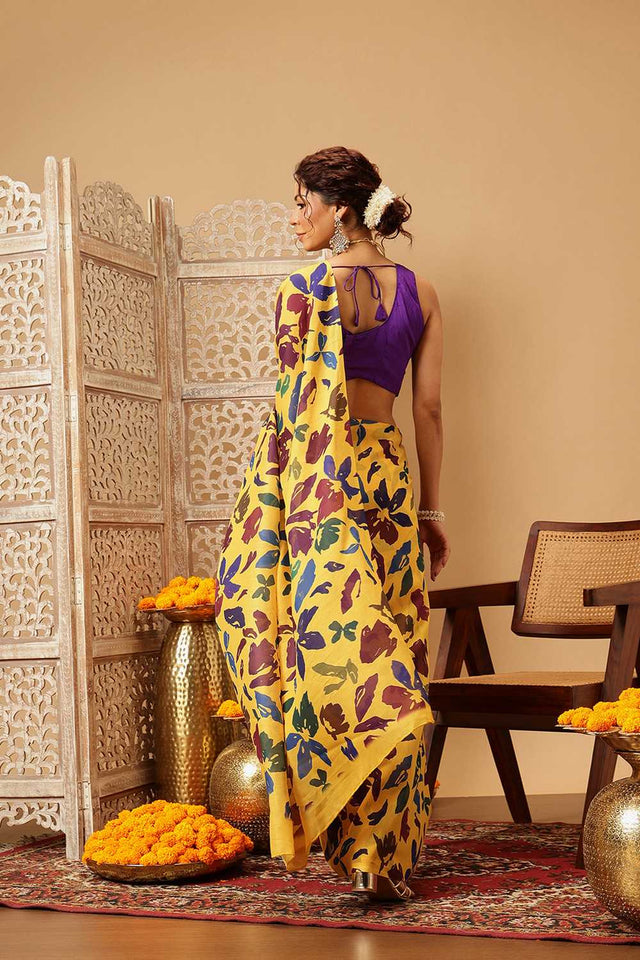 Yellow Floral Printed Malmal Cotton Saree