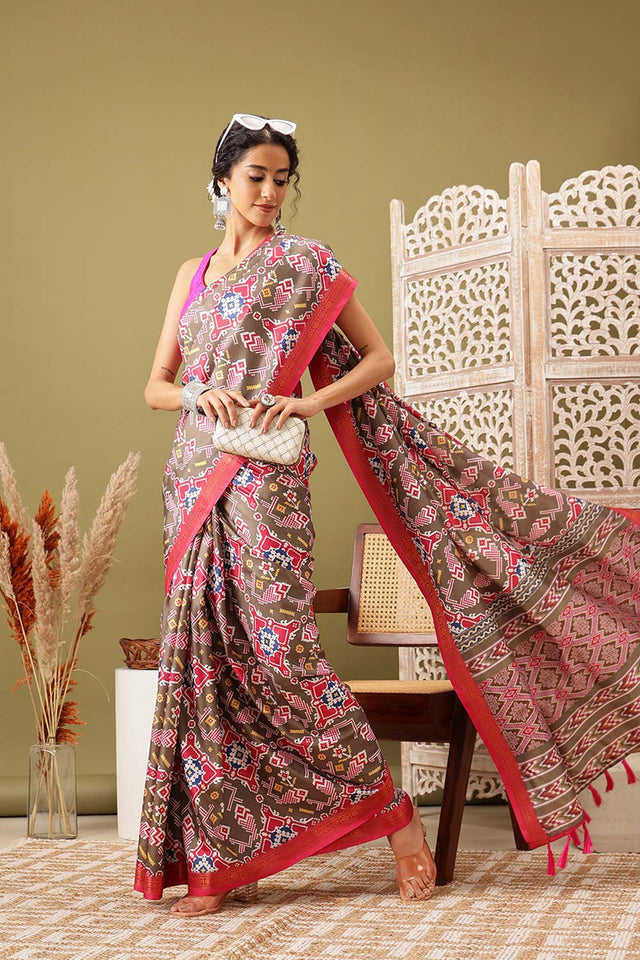 Olive Soft Silk Digital Print Pochampally Saree (SZ-DGIKKAT-MH-2309)
