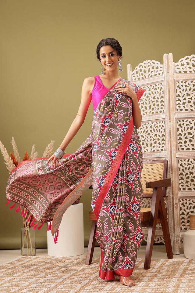 Olive Soft Silk Digital Print Pochampally Saree (SZ-DGIKKAT-MH-2309)