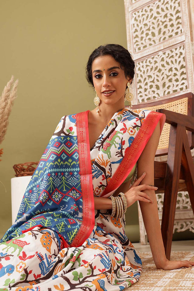 White Soft Silk Digital Print Pochampally Saree (SZ-DGIKKAT-WHT-2306)