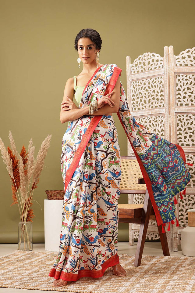 White Soft Silk Digital Print Pochampally Saree (SZ-DGIKKAT-WHT-2306)
