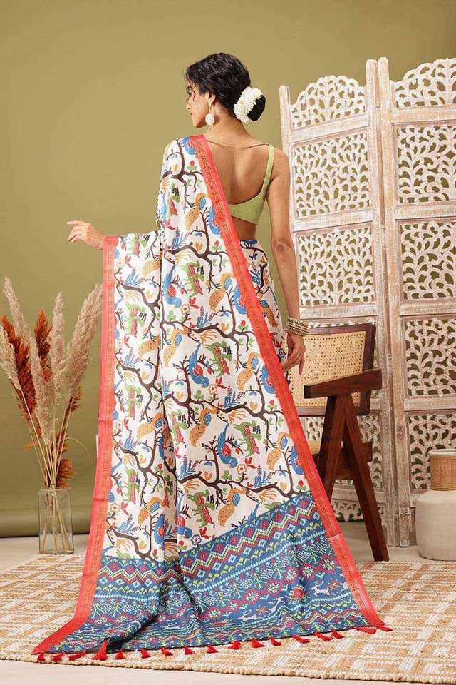White Soft Silk Digital Print Pochampally Saree (SZ-DGIKKAT-WHT-2306)