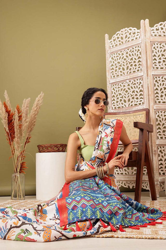 White Soft Silk Digital Print Pochampally Saree (SZ-DGIKKAT-WHT-2306)