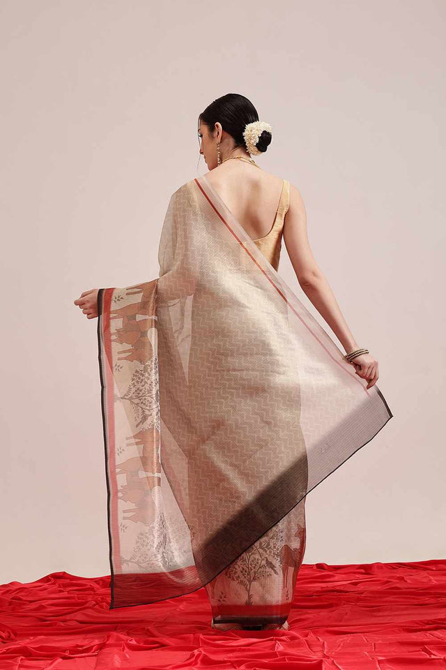 Beige Banarasi Printed Cotton Saree