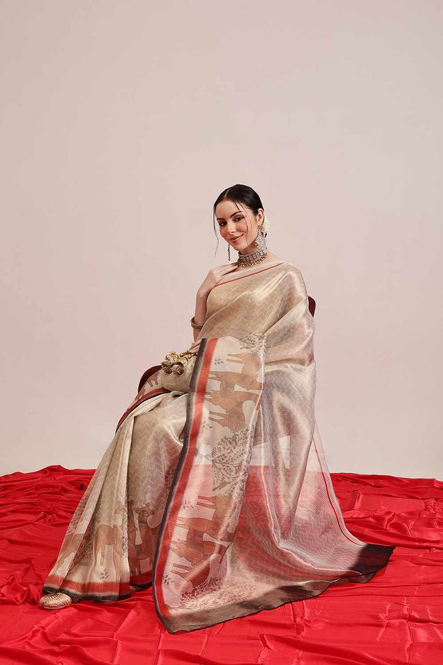 Beige Banarasi Printed Cotton Saree