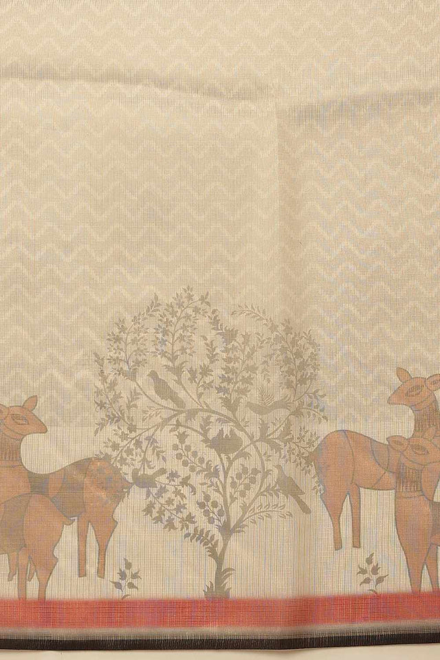 Beige Banarasi Printed Cotton Saree