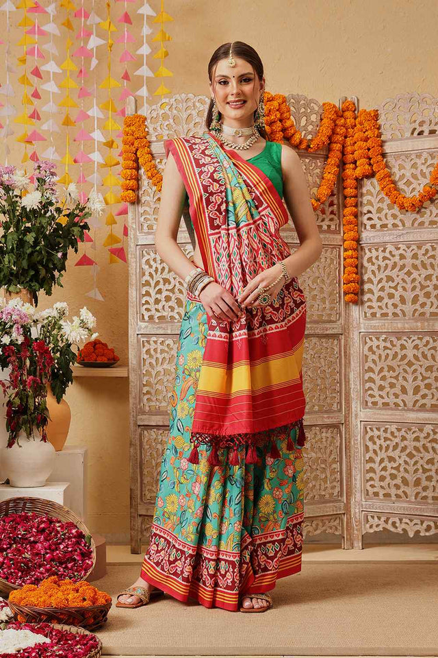 Multi Color Floral Printed Silk Saree