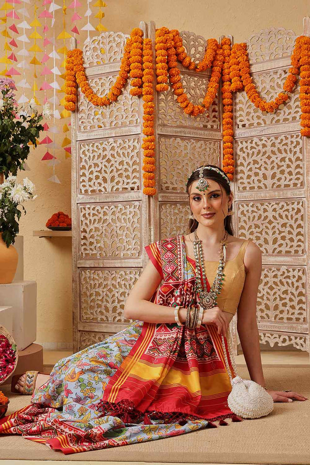 Multi Color Floral Printed Silk Saree