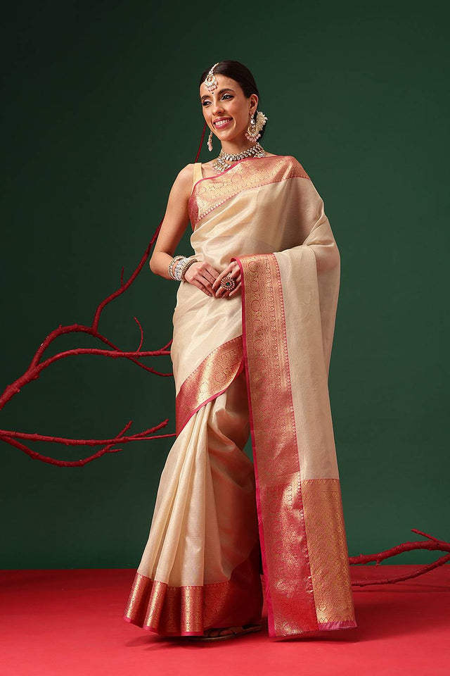 Beige Solid Tissue Saree