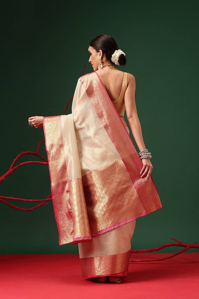 Beige Solid Tissue Saree