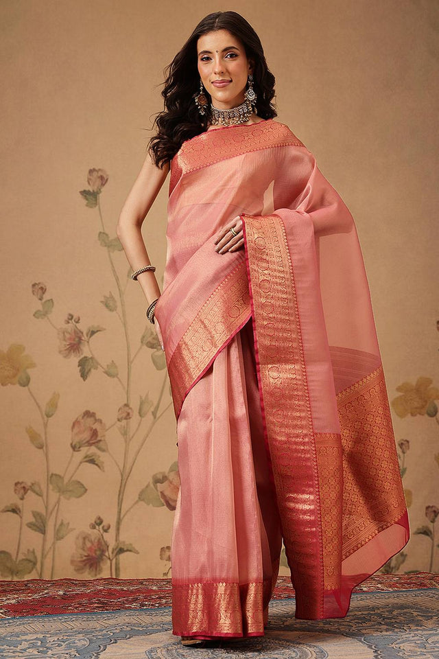 Pink Solid Tissue Saree