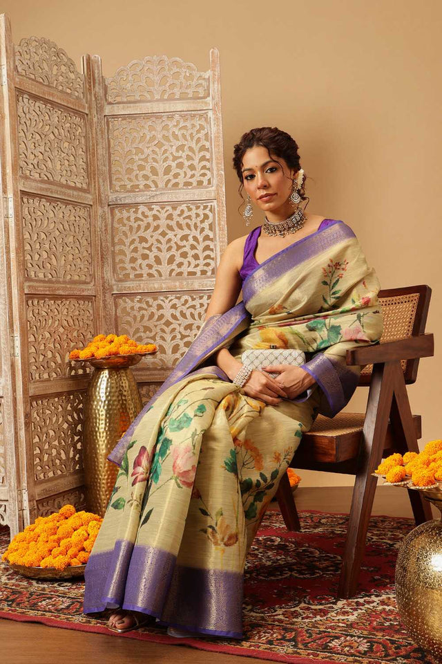 Beige Floral Printed Tissue Silk Saree