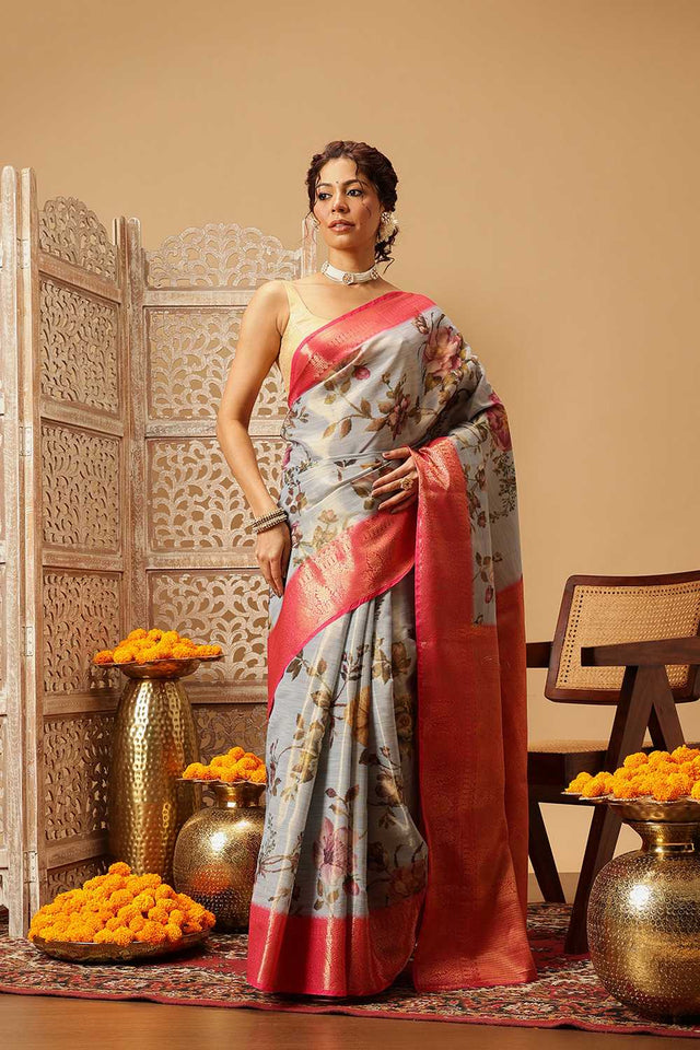 Grey Floral Printed Tissue Silk Saree