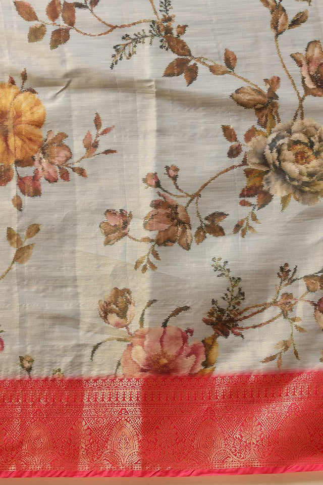 Grey Floral Printed Tissue Silk Saree