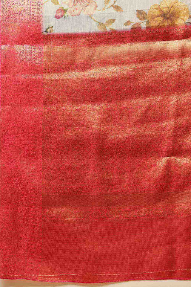 Grey Floral Printed Tissue Silk Saree