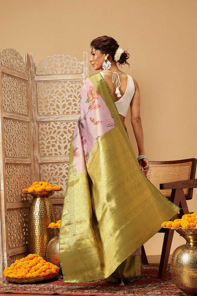 Lavender Floral Printed Tissue Silk Saree