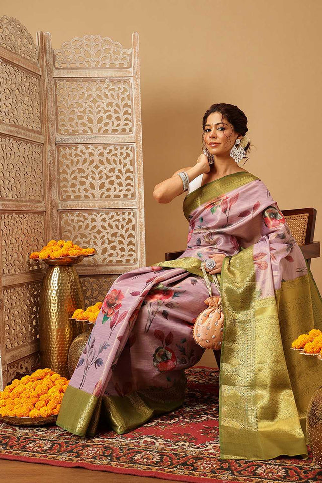 Lavender Floral Printed Tissue Silk Saree