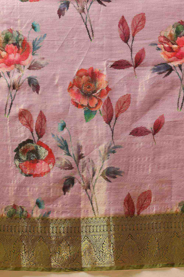 Lavender Floral Printed Tissue Silk Saree
