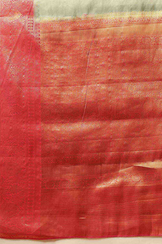 Olive Green Floral Printed Tissue Silk Saree