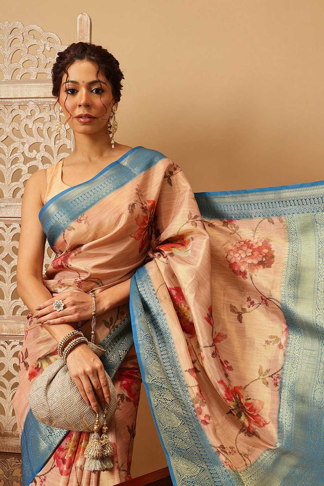 Peach Floral Printed Tissue Silk Saree