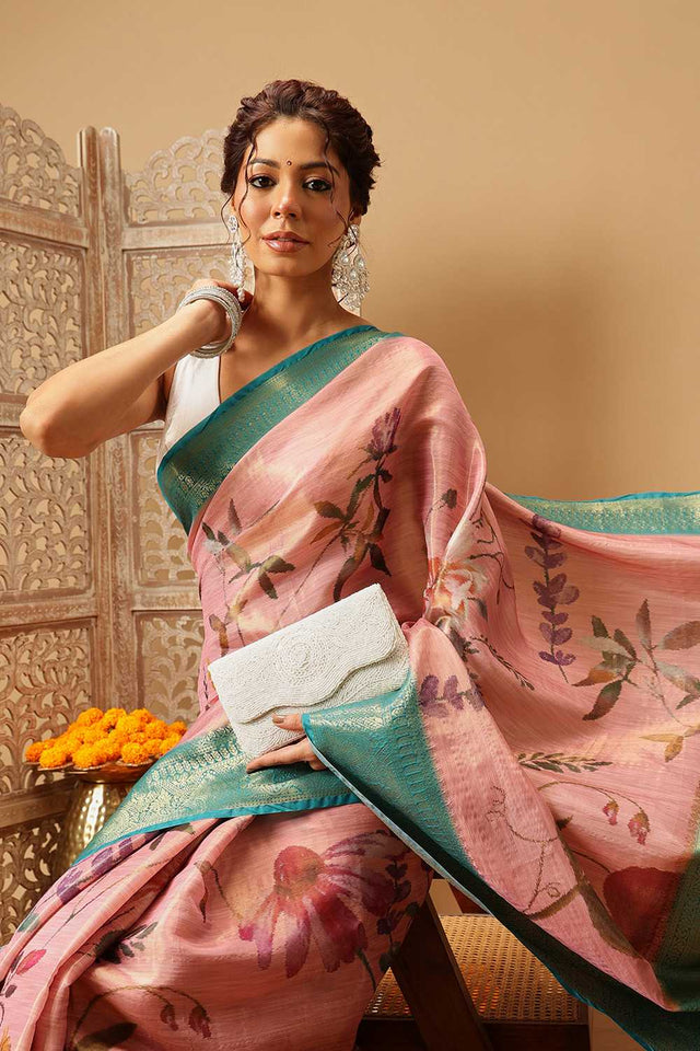 Pink Floral Printed Tissue Silk Saree