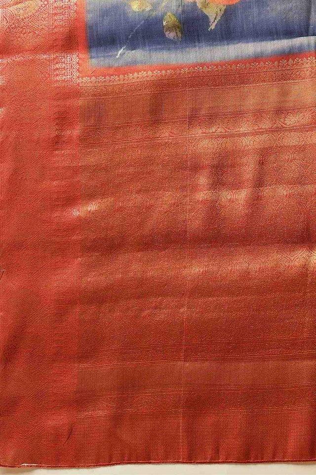 Blue Floral Printed Tissue Silk Saree