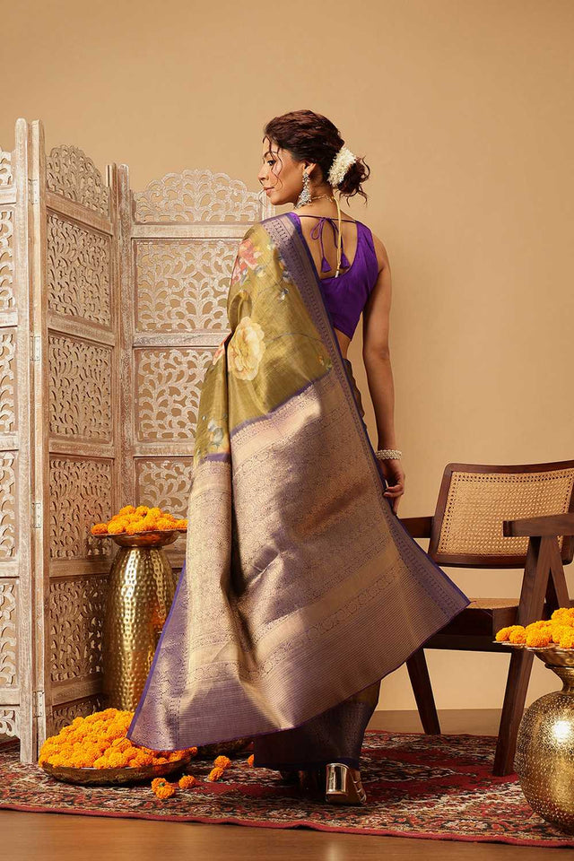 Olive Green Floral Printed Tissue Silk Saree