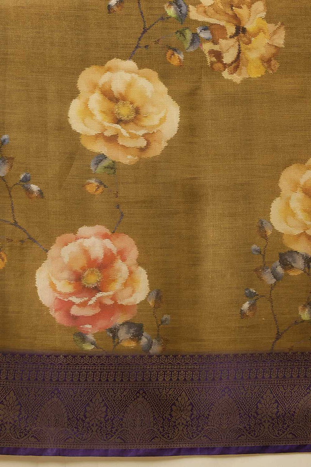 Olive Green Floral Printed Tissue Silk Saree