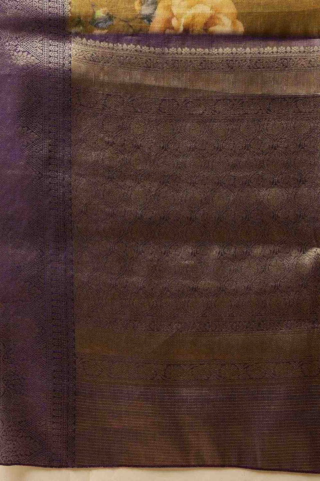 Olive Green Floral Printed Tissue Silk Saree