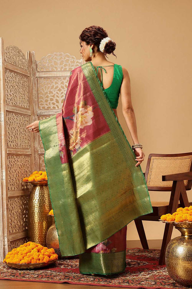 Pink Floral Printed Tissue Silk Saree