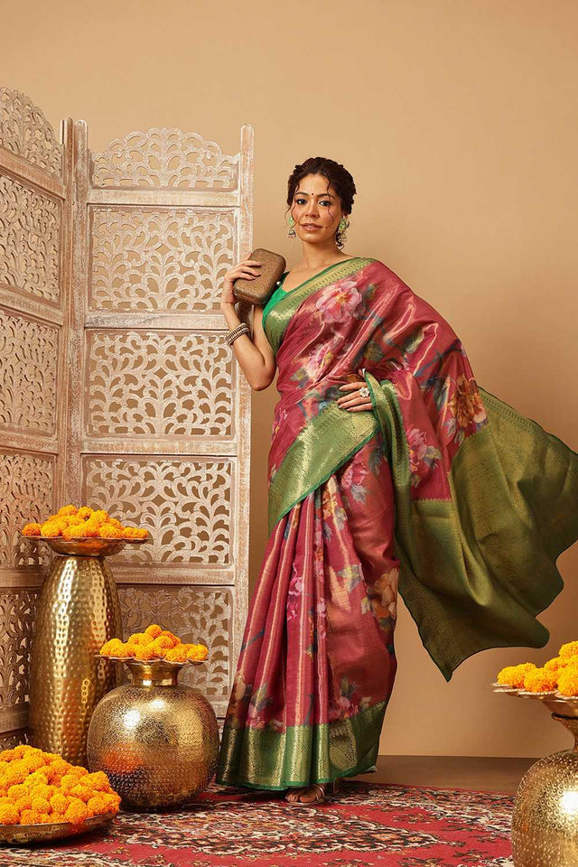 Pink Floral Printed Tissue Silk Saree