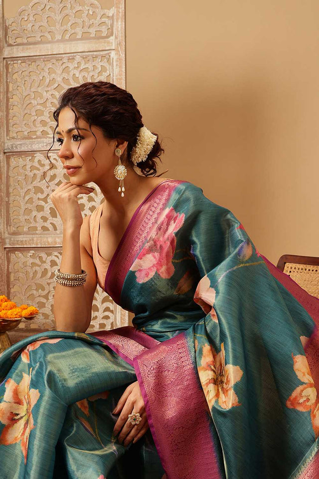 Turquoise Floral Printed Tissue Silk Saree