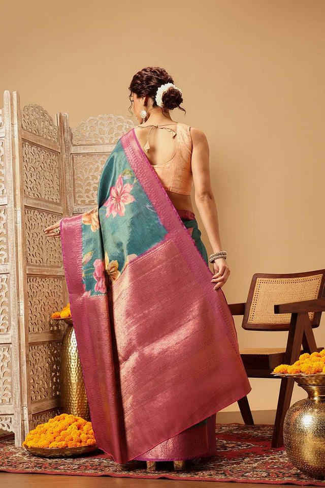 Turquoise Floral Printed Tissue Silk Saree