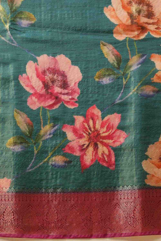 Turquoise Floral Printed Tissue Silk Saree