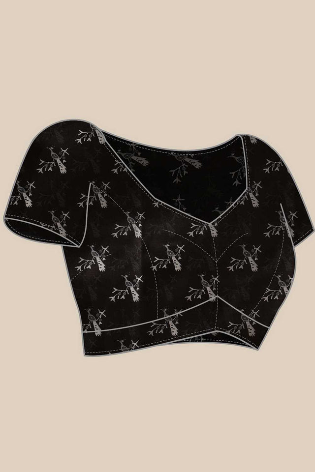 Black Floral Printed Art Silk Saree