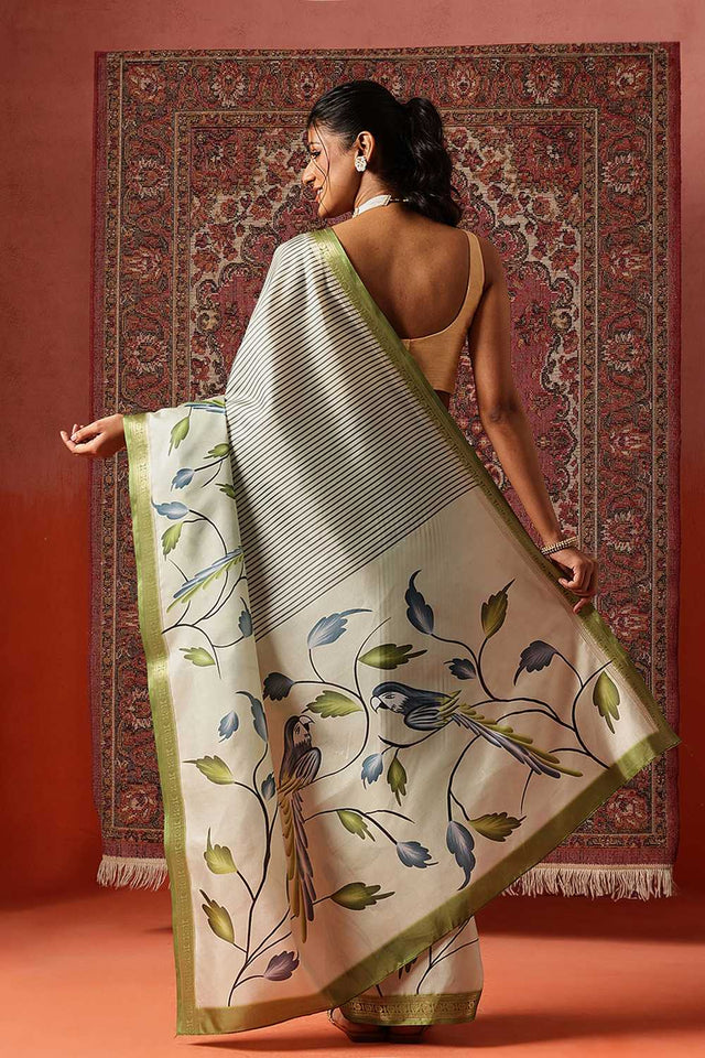 Olive Green Floral Printed Art Silk Saree