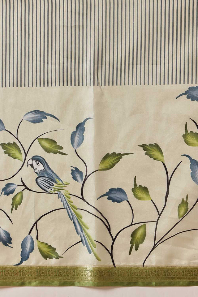Olive Green Floral Printed Art Silk Saree