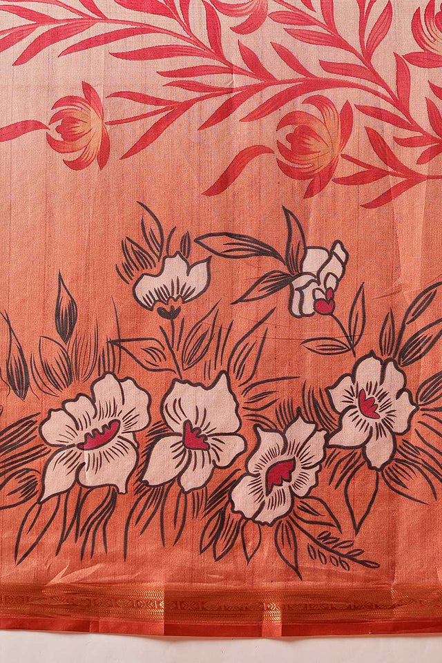 Orange Floral Printed Art Silk Saree