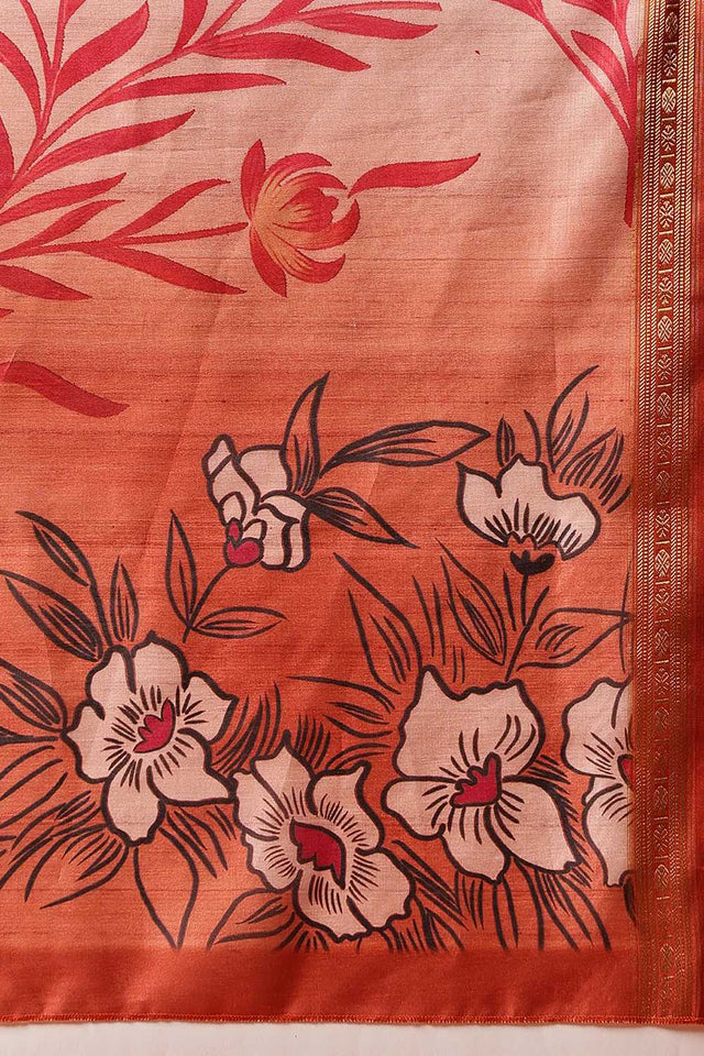 Orange Floral Printed Art Silk Saree